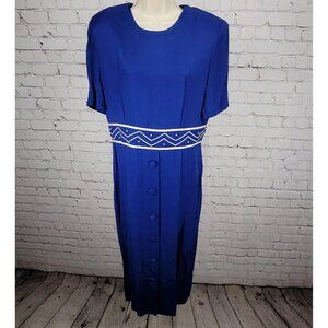 Julian Taylor Blue Beaded Pleated Short Sleeve Buttoned Long Sheath Dress USA 12